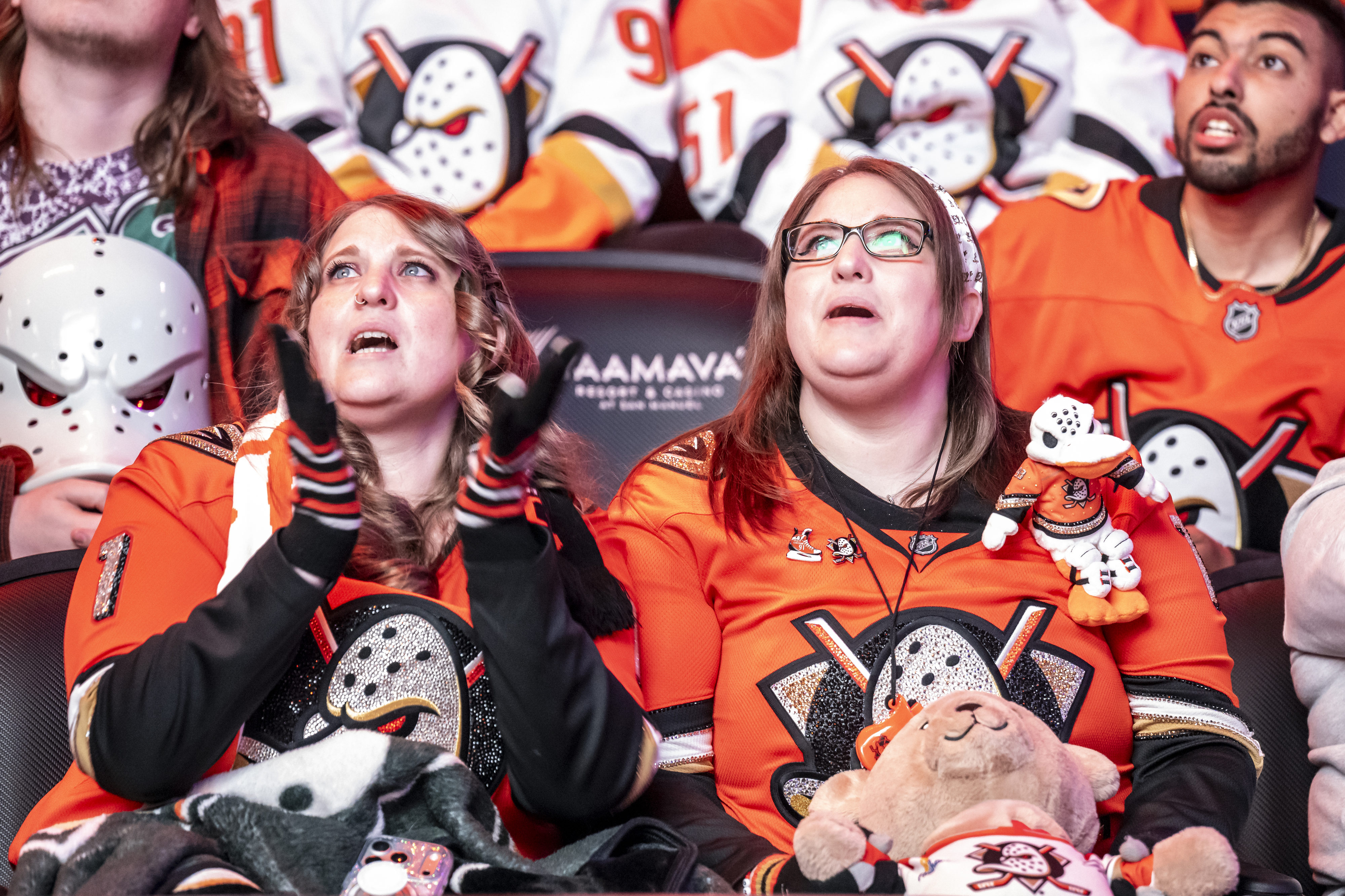 Fans react during the Anaheim Ducks Watch Party at the...