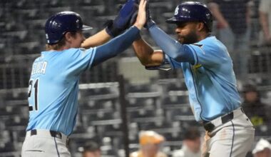 Tampa Bay Rays' Cedric Mullins, right, celebrates on his way back to the dugout with Jonny DeLuca after his two run home run off of Pittsburgh Pirates pitcher Yohan Ramírez thirteenth inning of a baseball game in Pittsburgh, Saturday, April 18, 2026. (AP Photo/Tom E. Puskar) TV