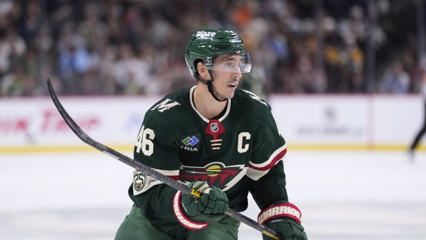 Minnesota Wild defenseman Jared Spurgeon (46) skates during the second period of an NHL hockey game against the Pittsburgh Penguins, Thursday, Oct. 30, 2025, in St. Paul, Minn. (AP Photo/Abbie Parr)