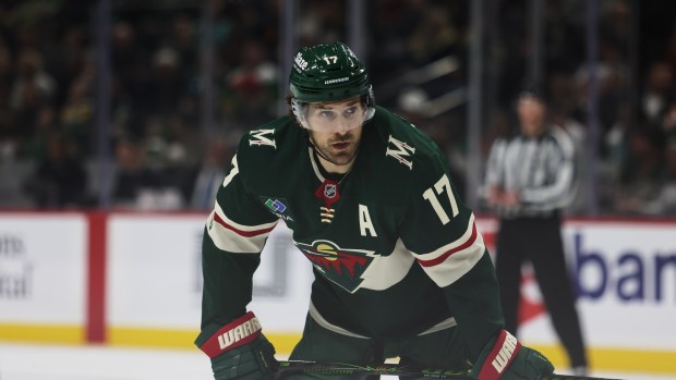Minnesota Wild's Marcus Foligno (17) skates against the Seattle Kraken during the third period of an NHL hockey game Tuesday, April 7, 2026, in St. Paul, Minn. (AP Photo/Lily Dozier)