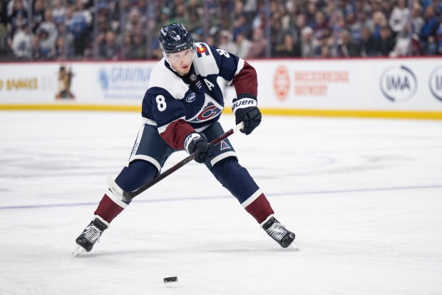 Defenseman Cale Makar (8) of the Colorado Avalanche reads the defense during the third period against the Dallas Stars on Wednesday, March 18, 2026, at Ball Arena in Denver. (Photo by Timothy Hurst/The Denver Post)
