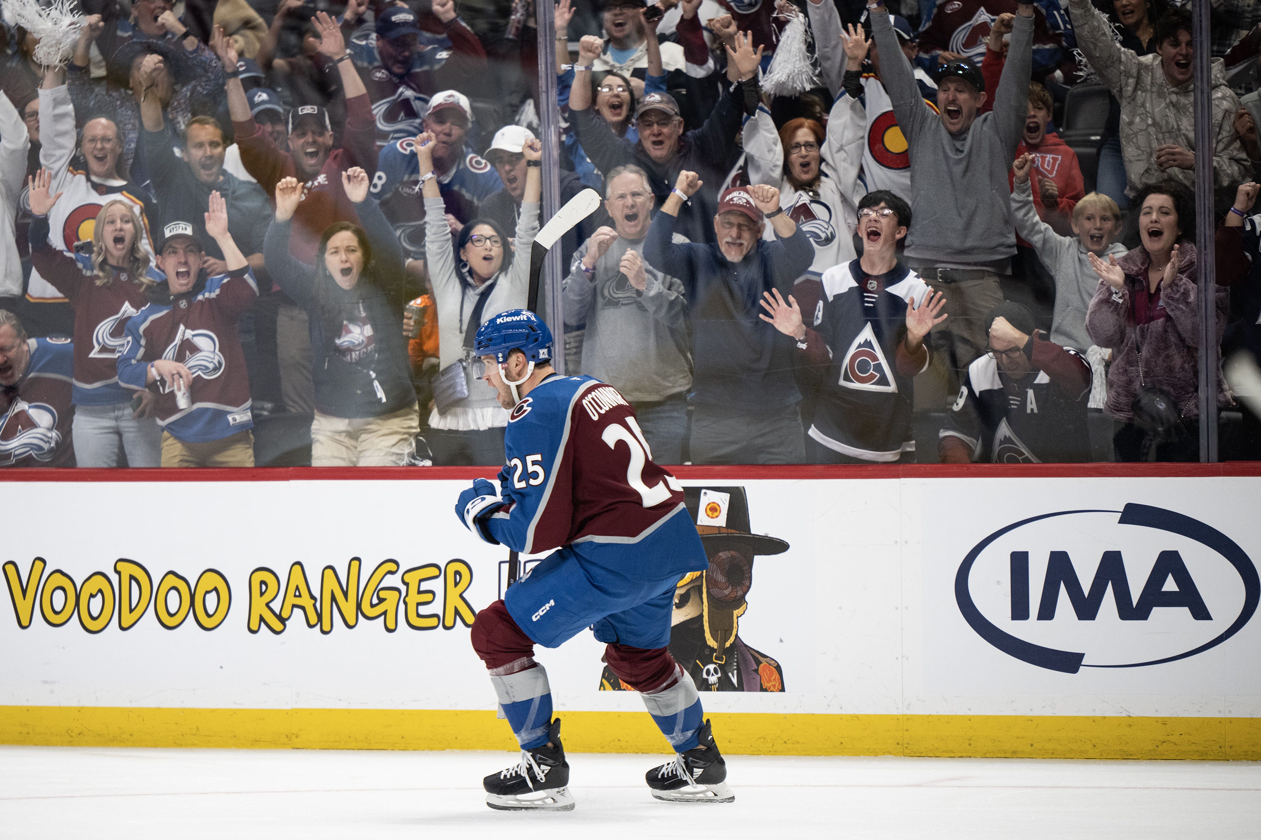 Right wing Logan O'Connor (25) of the Colorado Avalanche celebrates...
