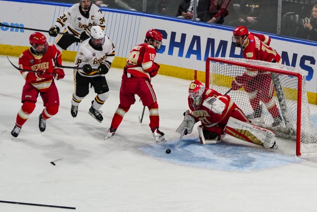 Denver Pioneers goaltender Johnny Hicks (31) finds the puck to cover it in the second period at Blue FCU Arena on Sunday, March 29, 2026, in Loveland, Colo. Denver Pioneers played the Western Michigan Broncos in the NCAA Regional Playoff game. (Photo by Rebecca Slezak/Special to The Denver Post)