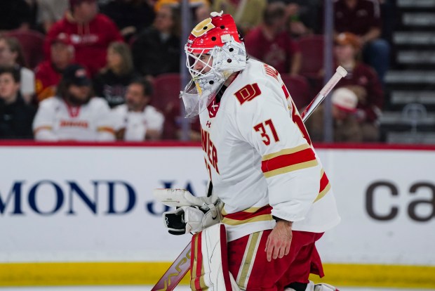 Denver Pioneers goaltender Johnny Hicks (31) skates to the bench during the second period during a break in play at Magness Arena on Saturday, March 21, 2026. Denver Pioneers played the Minnesota Duluth Bulldogs 2026 NCHC Frozen Faceoff. (Photo by Rebecca Slezak/Special to The Denver Post)