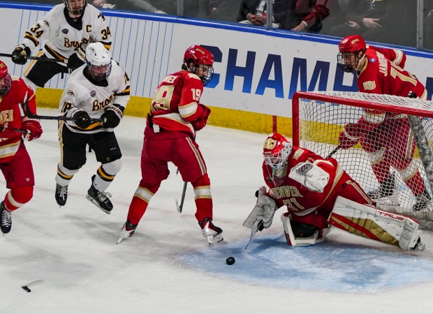Pioneers goaltender Johnny Hicks (31) covers the puck in the second period at Blue FCU Arena on Sunday, March 29, 2026, in Loveland. The Pioneers played the Western Michigan Broncos in the NCAA Regional Playoff game. (Photo by Rebecca Slezak/Special to The Denver Post)