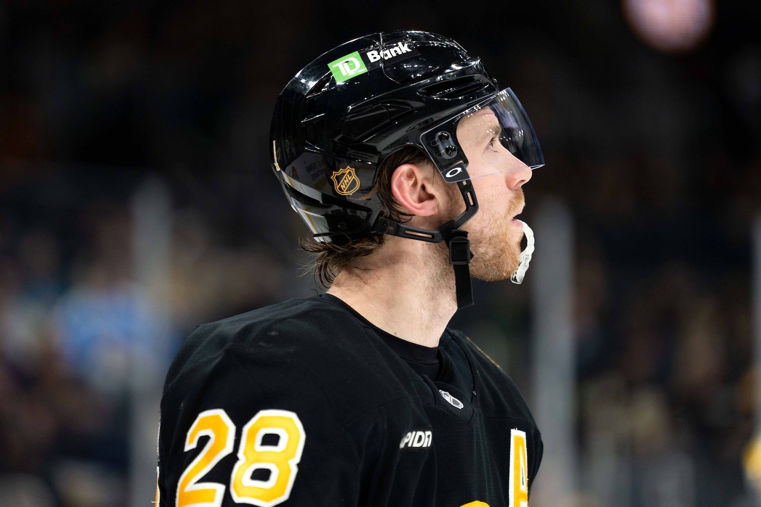 Jan 11, 2026; Boston, Massachusetts, USA; Boston Bruins center Elias Lindholm (28) before the second period of the game against the Pittsburgh Penguins at TD Garden. Mandatory Credit: Natalie Reid-Imagn Images