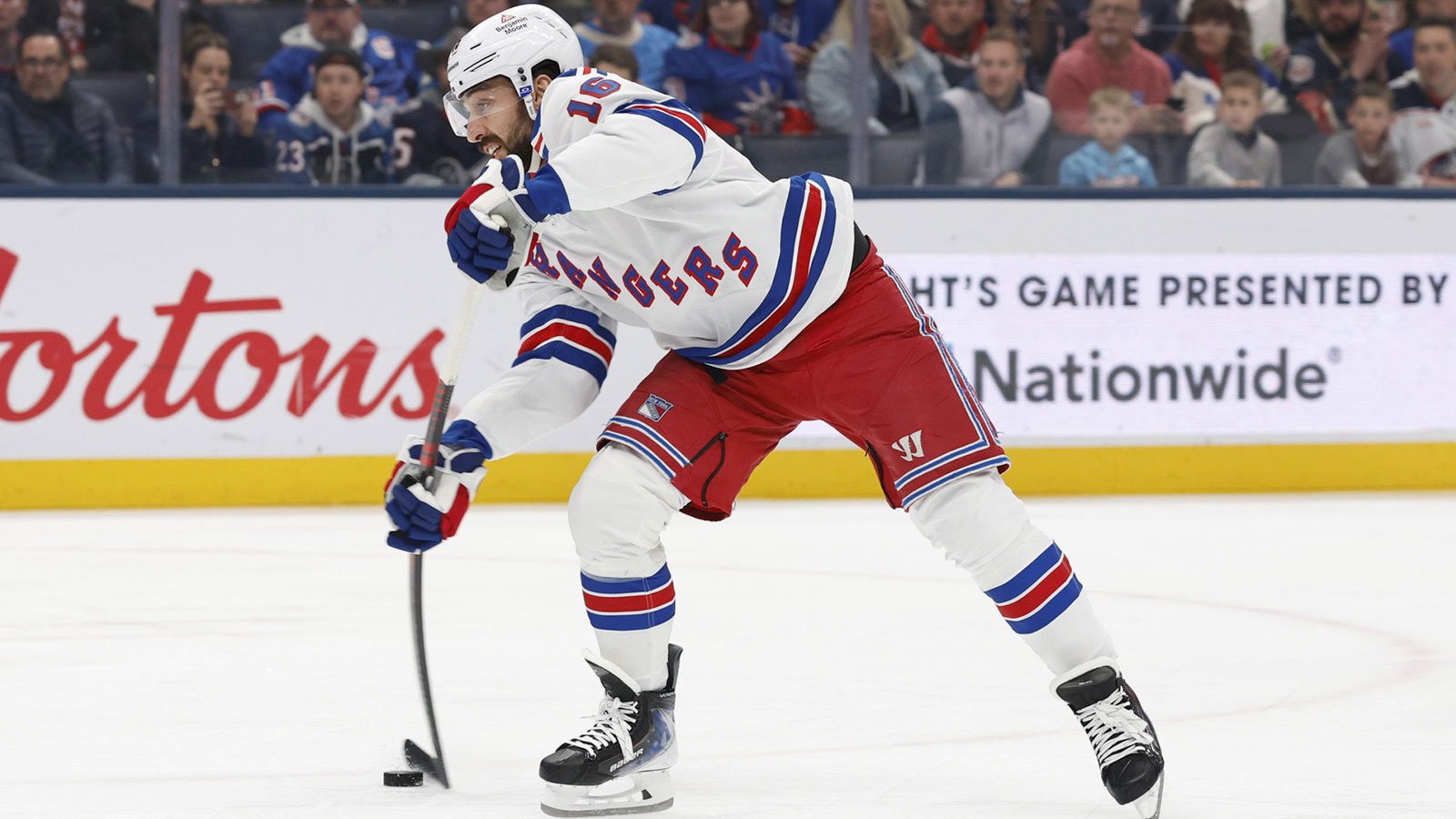 New York Rangers center Vincent Trocheck (16) scores a goal on a wrist shot against the Columbus Blue Jackets during the first period at Nationwide Arena.