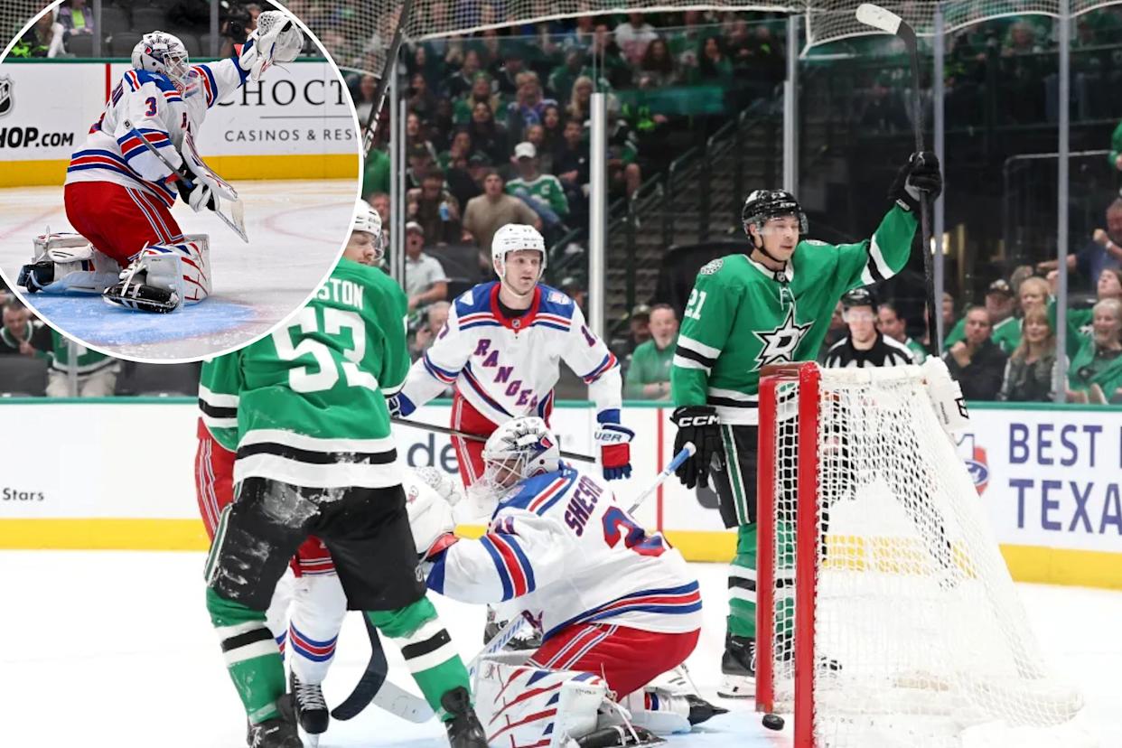 An image collage containing 2 images, Image 1 shows  Jason Robertson #21 of the Dallas Stars celebrates a goal against the New York Rangers during the third period at American Airlines Center on April 11, 2026 in Dallas, Texas. , Image 2 shows New York Rangers goaltender Igor Shesterkin (31) makes a glove save on a Dallas Stars shot during the second period at the American Airlines Center. 