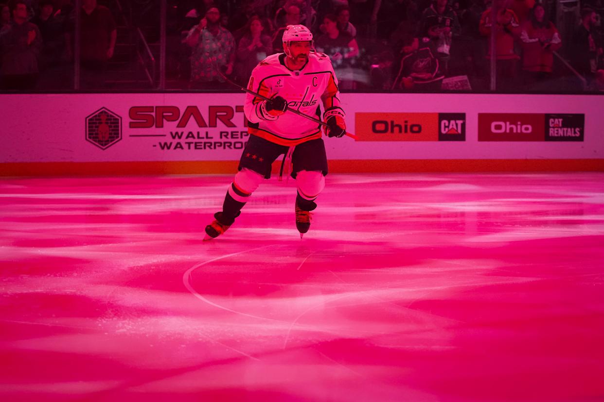Capitals left wing Alex Ovechkin skates prior to a game against the Blue Jackets on April 14.