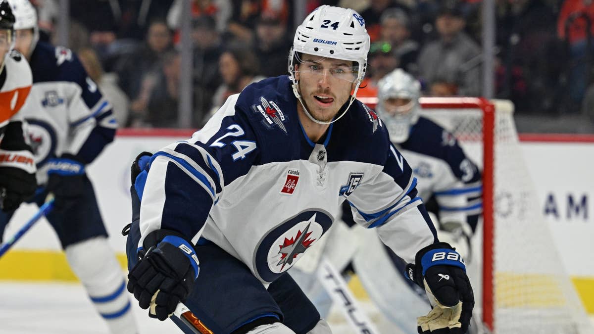 Winnipeg Jets defenseman Haydn Fleury (24) defends at Wells Fargo Center.Eric Hartline-Imagn Images