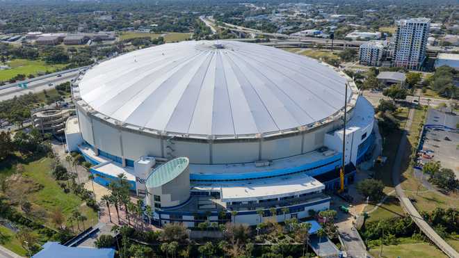 Roof repairs at Tropicana Field are near completion at the domed stadium near downtown Wednesday Dec. 17, 2025, in Saint Petersburg, Va. The roof of the stadium was destroyed during hurricane Milton in 2024. (
