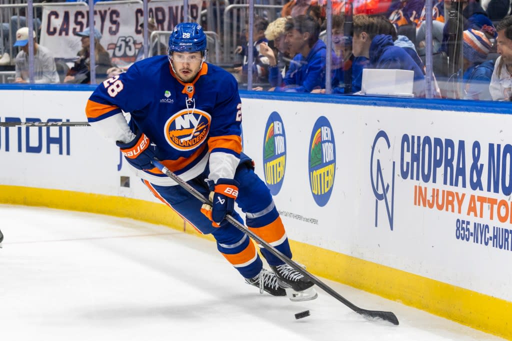 Alexander Romanov #28 of the New York Islanders moves the puck down ice during the second period at UBS Arena, Monday, Oct. 13, 2025, in Elmont, NY. Corey Sipkin for the NY POST
