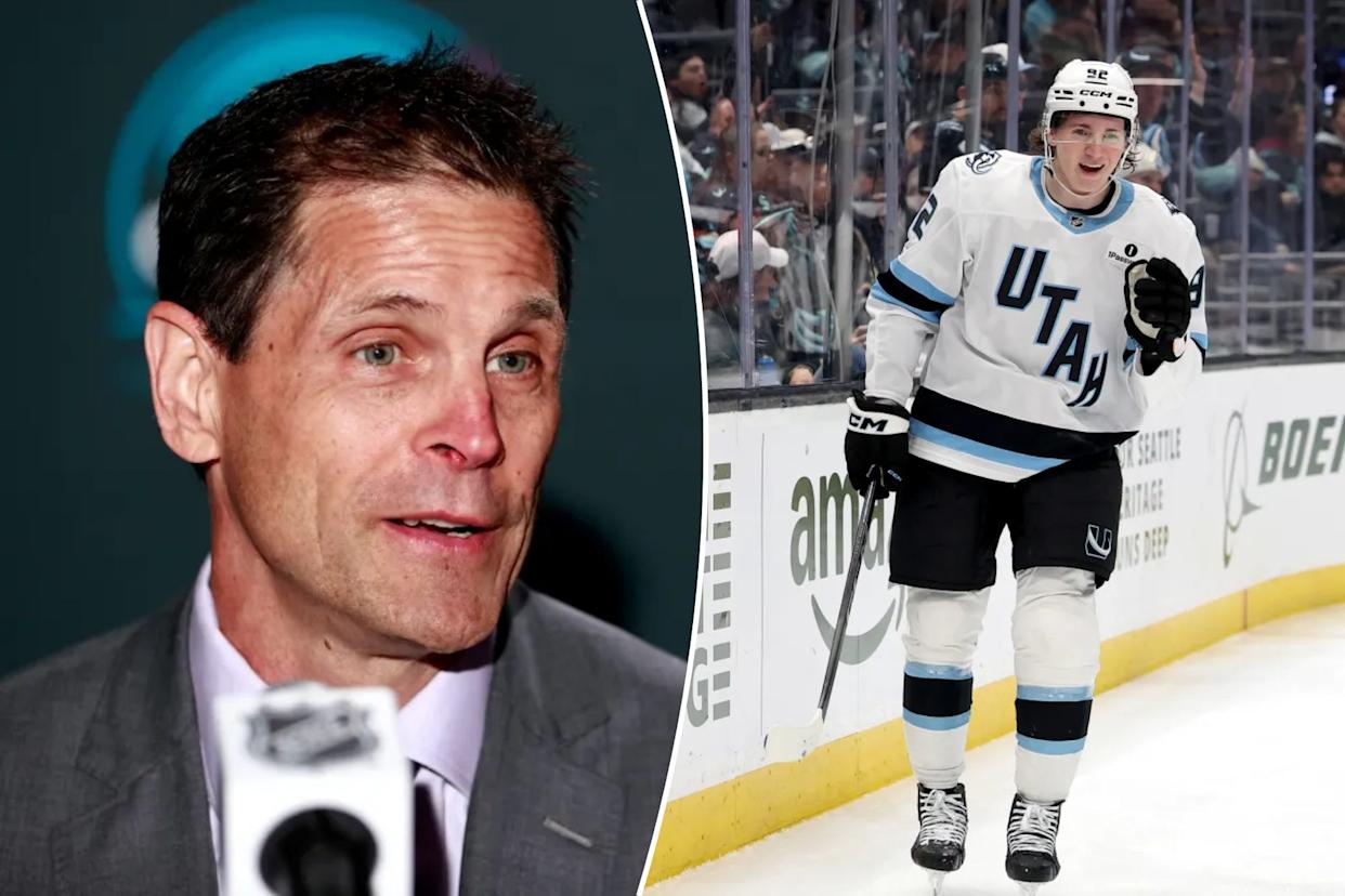 An image collage containing 2 images, Image 1 shows General manager of the Anaheim Ducks, Pat Verbeek, speaks at the 2024 Upper Deck NHL Draft, Image 2 shows Utah Mammoth player Logan Cooley #92 celebrating a goal against the Seattle Kraken