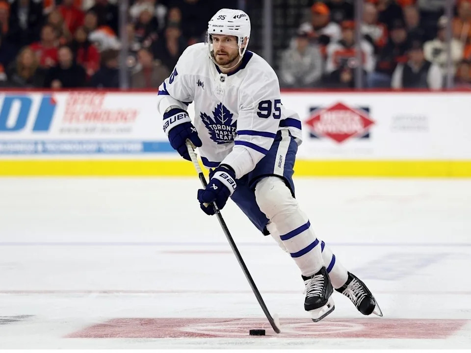  Oliver Ekman-Larsson #95 of the Toronto Maple Leafs controls the puck during the third period against the Philadelphia Flyers at Xfinity Mobile Arena on January 8, 2026 in Philadelphia.