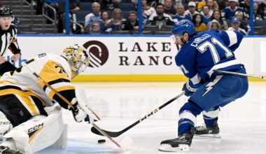 Tampa Bay Lightning center Anthony Cirelli (71) scores against Pittsburgh Penguins goaltender Stuart Skinner (74) during the second period of an NHL hockey game, Thursday, April 2, 2026, in Tampa, Fla. (AP Photo/Jason Behnken)