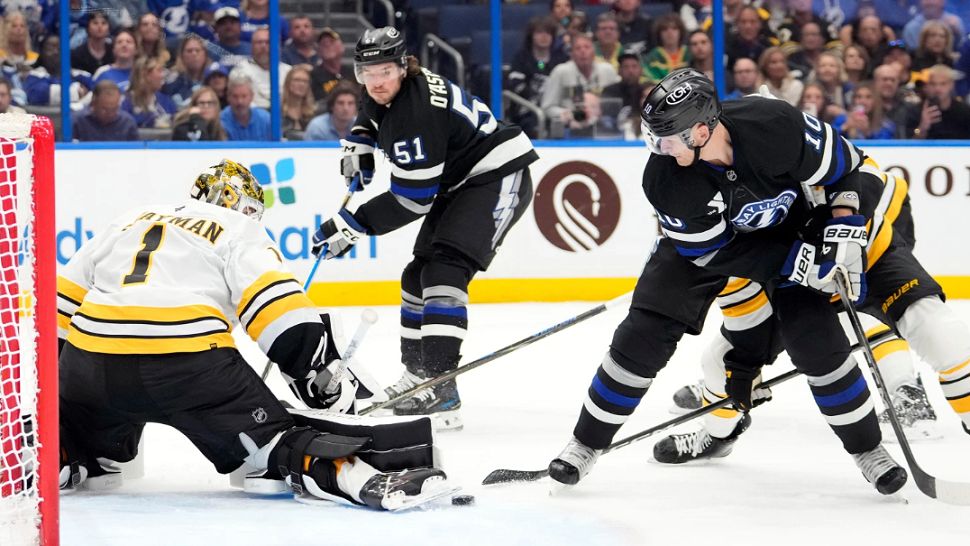 Tampa Bay Lightning defenseman Charle-Edouard D'Astous (51) celebrates his goal against the Boston Bruins with defenseman Emil Lilleberg (78) during the third period of an NHL hockey game Saturday, April 4, 2026, in Tampa, Fla. (AP Photo/Chris O'Meara)