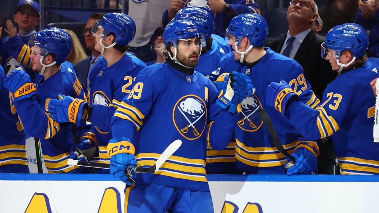 Buffalo Sabres right wing Alex Tuch (89) celebrates his goal