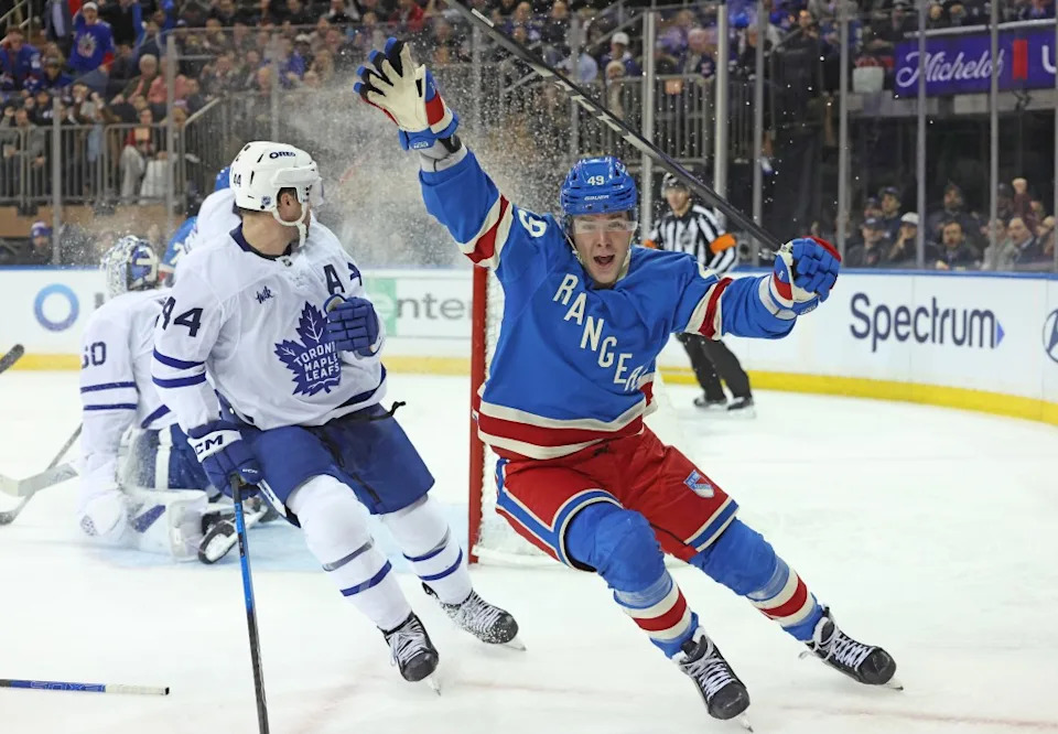 Rangers right wing Jaroslav Chmelar (49) reacts after he scores the first goal of his NHL career during the third period. The New York Rangers defeat the Toronto Maple Leafs 6-2. Charles Wenzelberg / New York Post