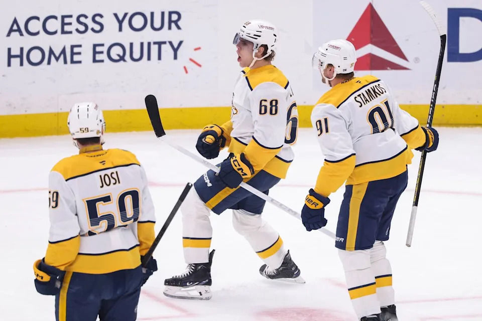 Zachary L’Heureux #68 of the Nashville Predators celebrates after scoring a goal during an NHL hockey game against the Los Angeles Kings, Thursday April 2, 2026 in Los Angeles, Calif.