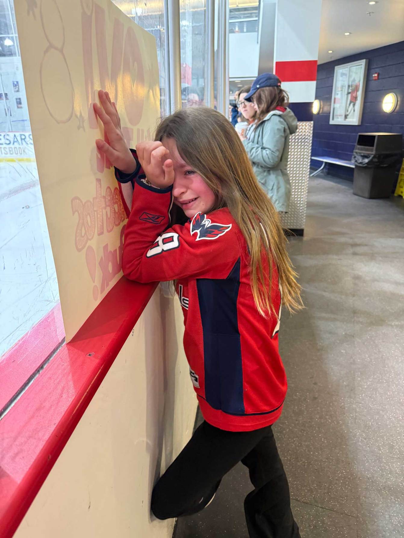 Cabree crying after getting a practice puck