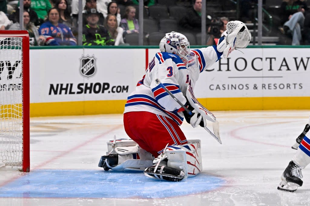 Igor Shesterkin makes a glove save during the second period of the Rangers’ 2-0 loss to the Stars on April 11, 2026 at the American Airlines Center. IMAGN IMAGES via Reuters Connect