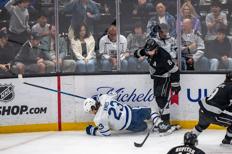 Los Angeles Kings defenseman Drew Doughty (8) standing over Matthew Knies of the Maple Leafs during an NHL hockey game against the Toronto Maple Leafs on April 4th, 2026 in Los Angeles, CA.