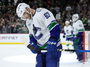 Vancouver Canucks centre Max Sasson reacts to his team's loss against the Minnesota Wild on April 2, 2026.