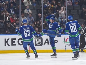 Vancouver Canucks' Linus Karlsson celebrates his second goal of the game with an exuberant kick
