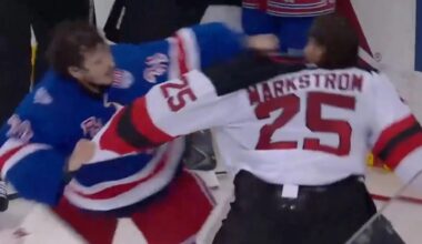 Brutal moment NHL stars Igor Shesterkin and Jacob Markstrom face off in rare goalie fight during Devils-Rangers