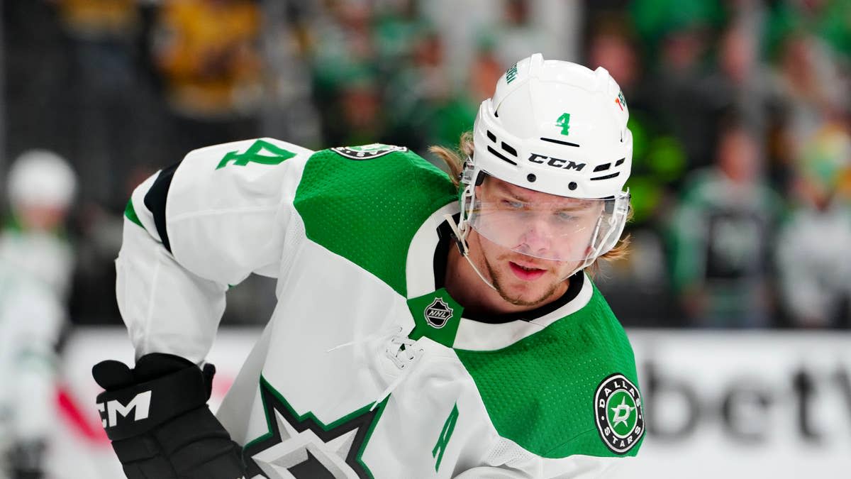 Dallas Stars defenseman Miro Heiskanen (4) skates in warm-ups prior to a Stanley Cup Playoffs game at T-Mobile Arena.Stephen R&period; Sylvanie-Imagn Images
