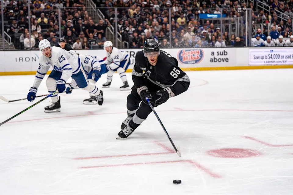 Los Angeles Kings right wing Quinton Byfield (55) skating with the puck during an NHL hockey game against the Toronto Maple Leafs on April 4th, 2026 in Los Angeles, CA.