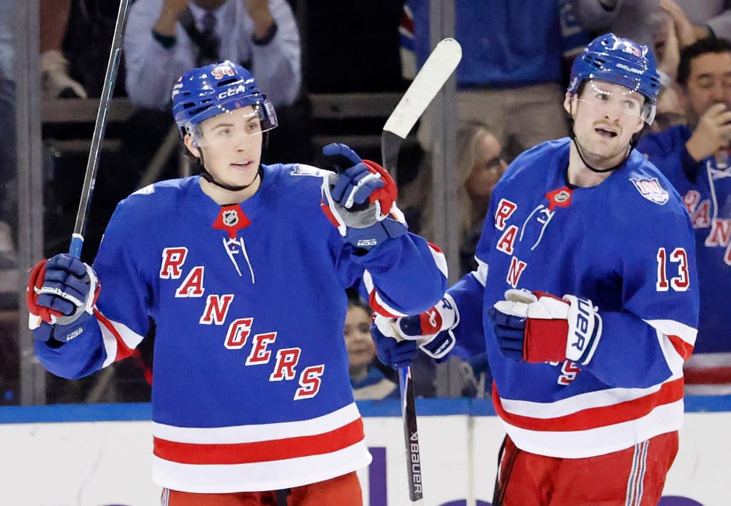 Right wing Gabe Perreault #94 of the New York Rangers celebrates with left wing Alexis Lafrenière #13 of the New York Rangers after he scores a goal during the second period at Madison Square Garden, Saturday April 4th, 2026. Jason Szenes for the New York Post