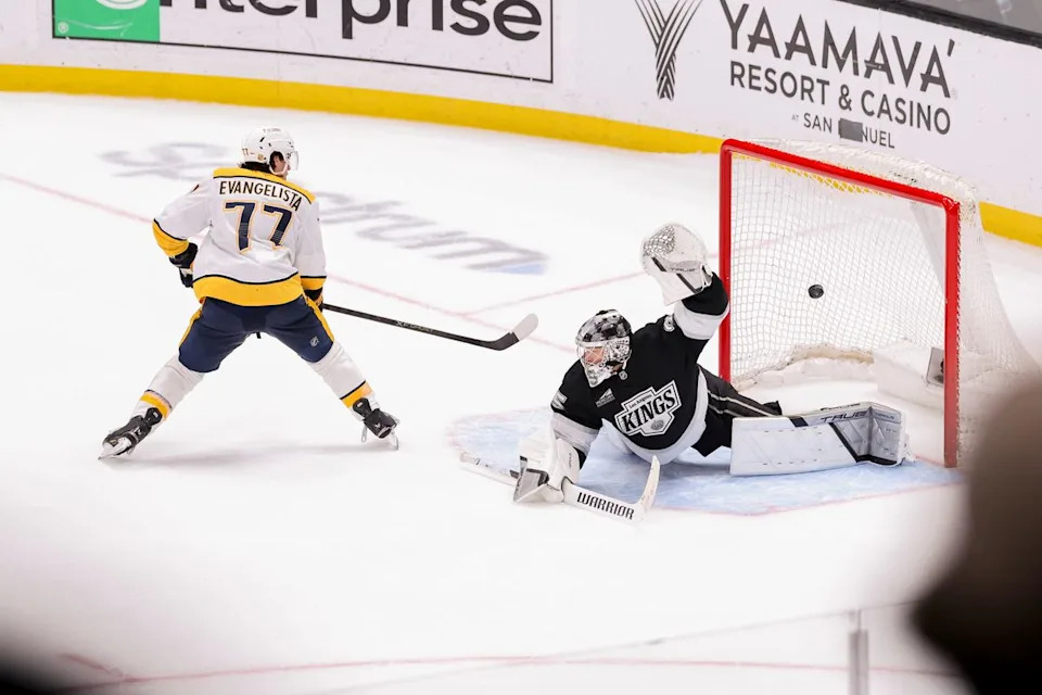 Luke Evangelista #77 of the Nashville Predators scores the game-winning goal in the shootout during an NHL hockey game against the Los Angeles Kings, Thursday April 2, 2026 in Los Angeles, Calif.