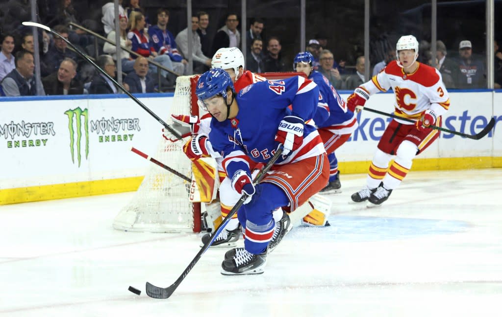 Noah Laba moves the puck down ice during the first period of the Rangers’ win over the Flames on March 10, 2026. Charles Wenzelberg / New York Post