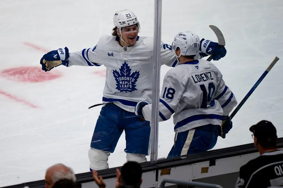 Toronto Maple Leafs center Steven Lorentz (18) celebrating a goal with his teammate during an NHL hockey game against the Los Angeles Kings on April 4th, 2026 in Los Angeles, CA.