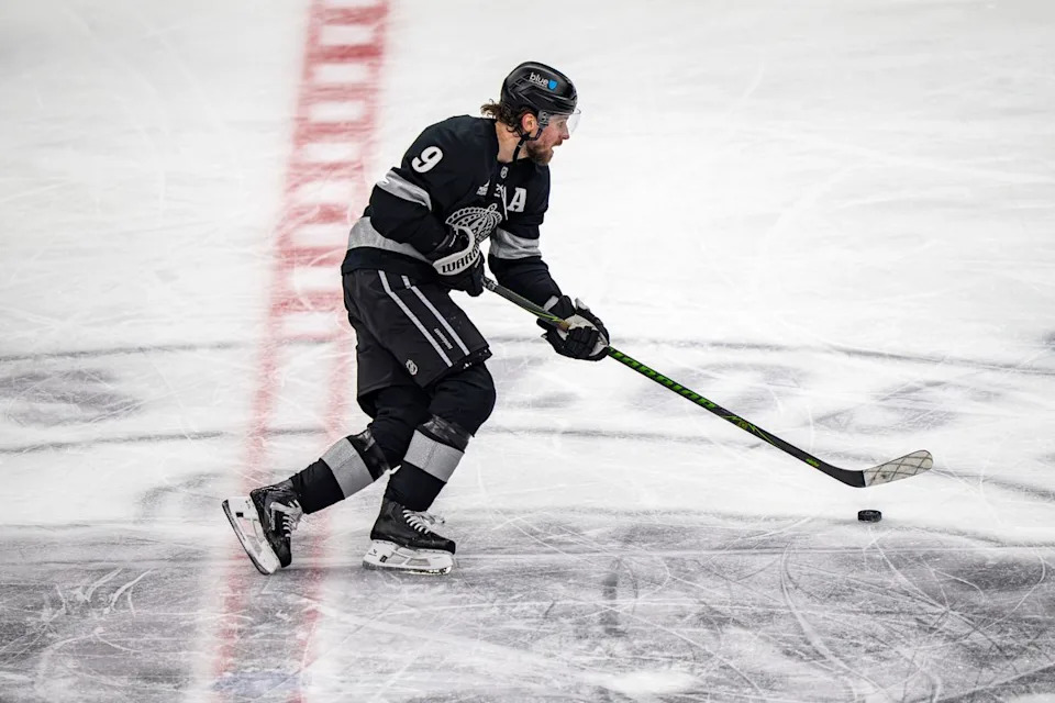 Los Angeles Kings right wing Adrian Kempe (9) skating with the puck during an NHL hockey game against the Toronto Maple Leafs on April 4th, 2026 in Los Angeles, CA.