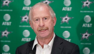 Dallas Stars general manager Jim Nill speaks to reporters about the team's NHL hockey season, May 17, 2022, in Frisco, Texas. (AP Photo/LM Otero, File)