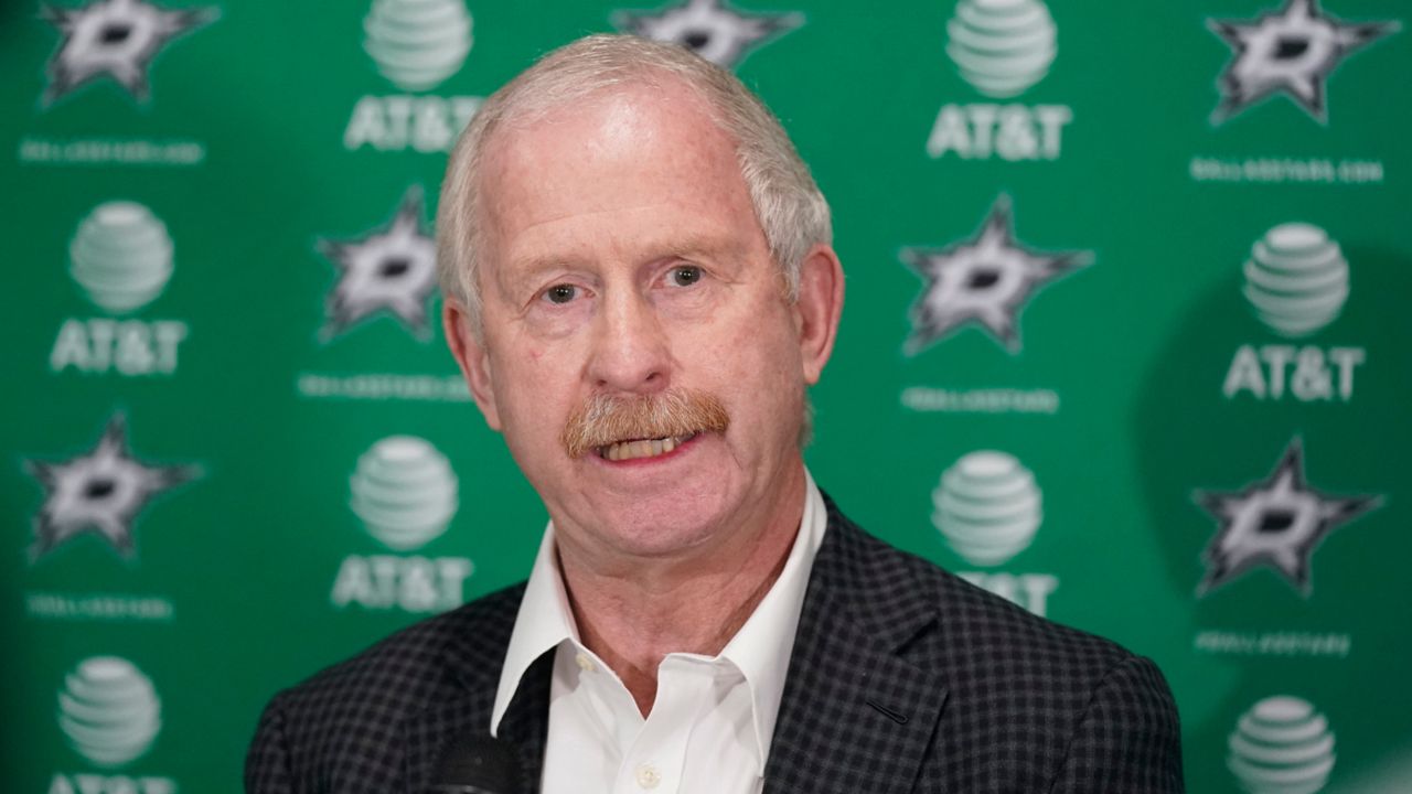 Dallas Stars general manager Jim Nill speaks to reporters about the team's NHL hockey season, May 17, 2022, in Frisco, Texas. (AP Photo/LM Otero, File)