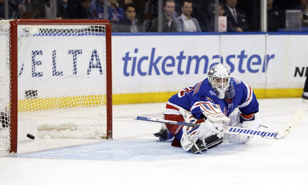 Igor Shesterkin allows a goal to Alex Newhook (not pictured) during the second period of the Rangers’ 3-2 loss to the Canadiens on April 2, 2026 at Madison Square Garden. Jason Szenes for New York Post