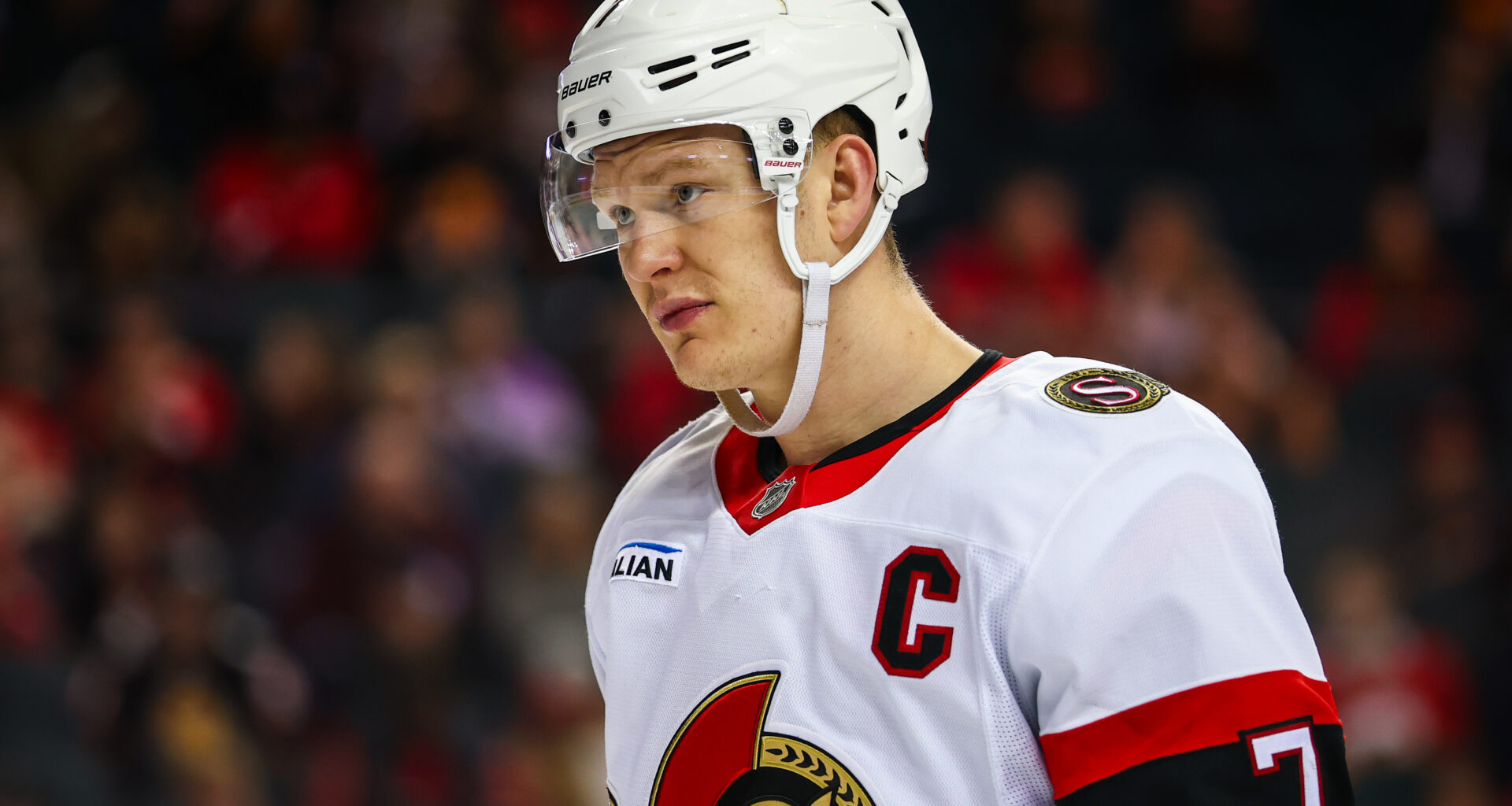 Ottawa Senators left wing Brady Tkachuk (7) skates at Scotiabank Saddledome