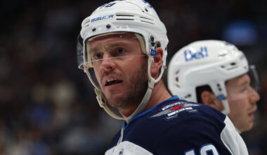 Winnipeg Jets center Jonathan Toews (19) reacts after a play at Delta Center.