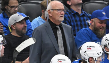 Buffalo Sabres head coach Lindy Ruff looks on behind the bench at Scotiabank Arena