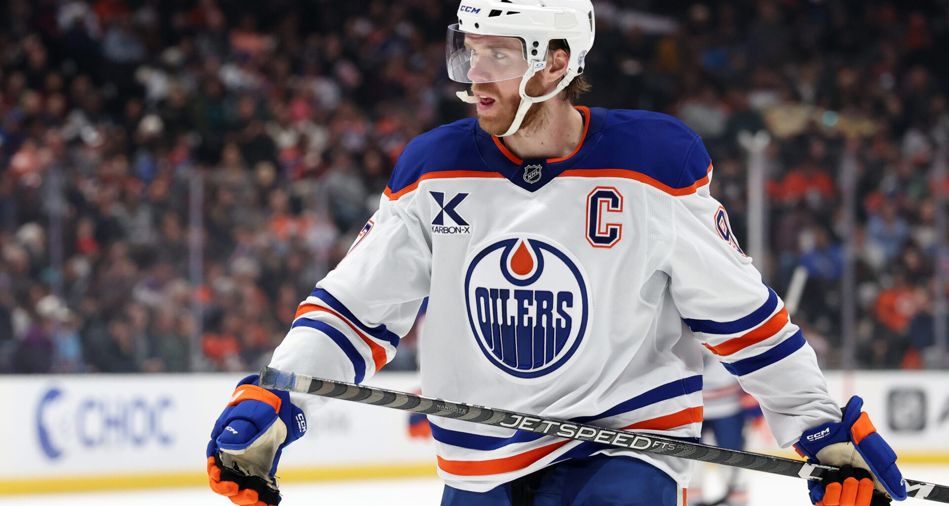 Edmonton Oilers center Connor McDavid (97) looks on in a game against the Anaheim Ducks at Honda Center