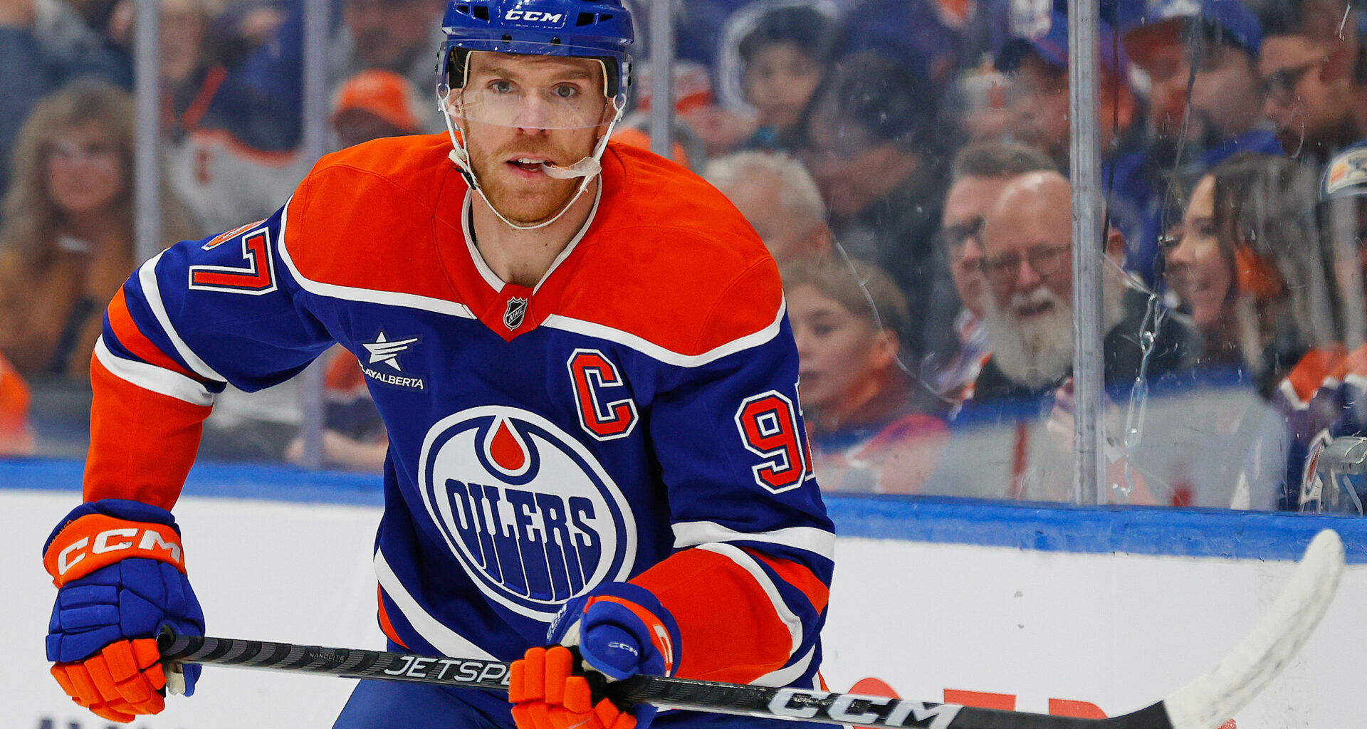 Edmonton Oilers forward Connor McDavid (97) looks for a loose puck at Rogers Place