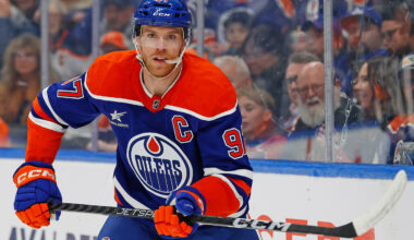 Edmonton Oilers forward Connor McDavid (97) looks for a loose puck at Rogers Place