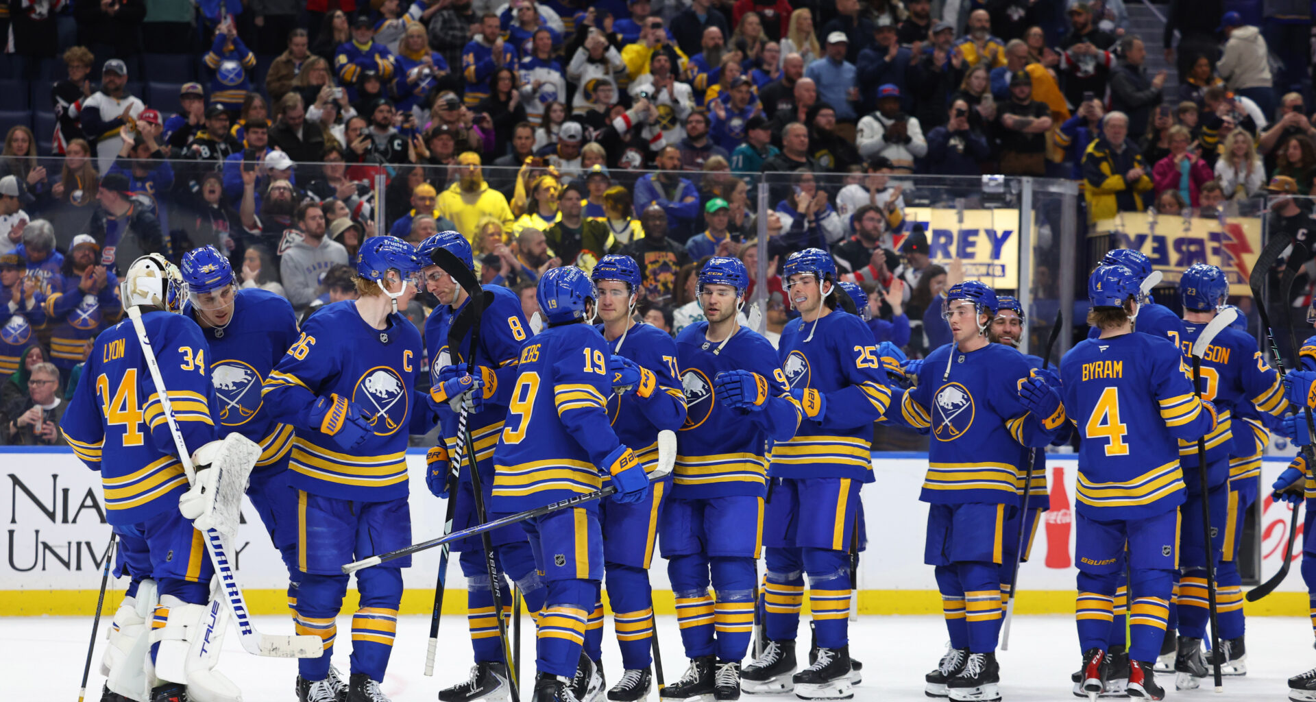 The Buffalo Sabres celebrate at KeyBank Center. Mandatory