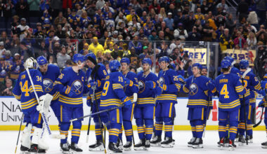 The Buffalo Sabres celebrate at KeyBank Center. Mandatory