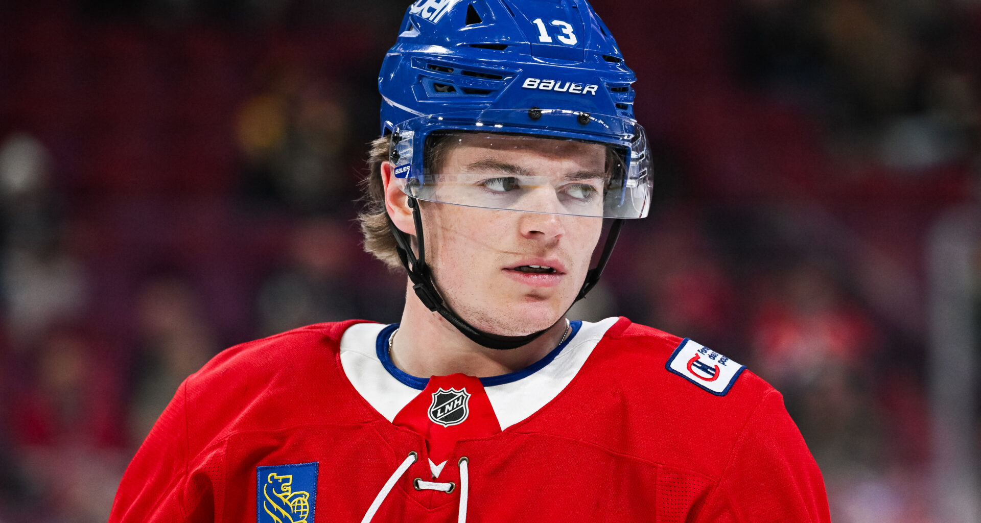 Montreal Canadiens right wing Cole Caufield (13) looks on at Bell Centre