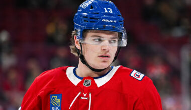 Montreal Canadiens right wing Cole Caufield (13) looks on at Bell Centre