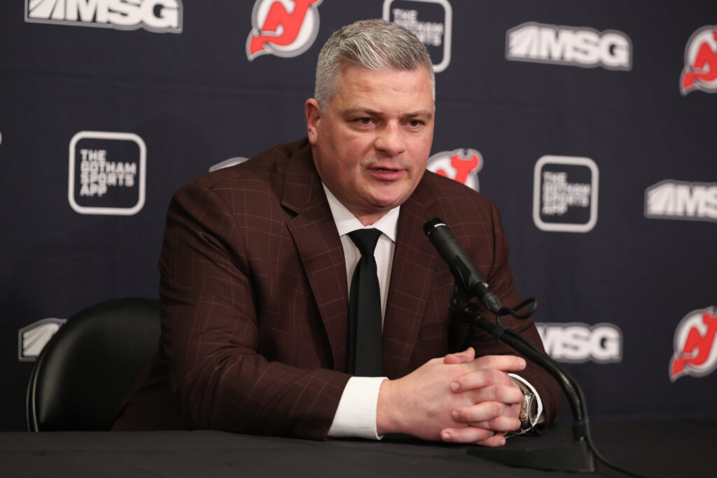 New Jersey Devils head coach Sheldon Keefe speaks to media at Prudential Center